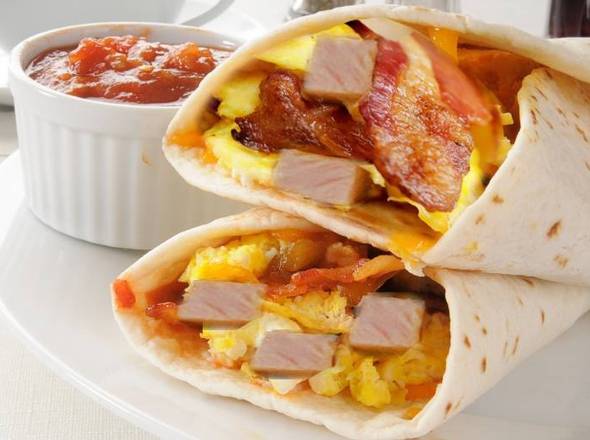 Order Ham Bacon Burrito food online from Soup Kettle Grill store, Meridian on bringmethat.com