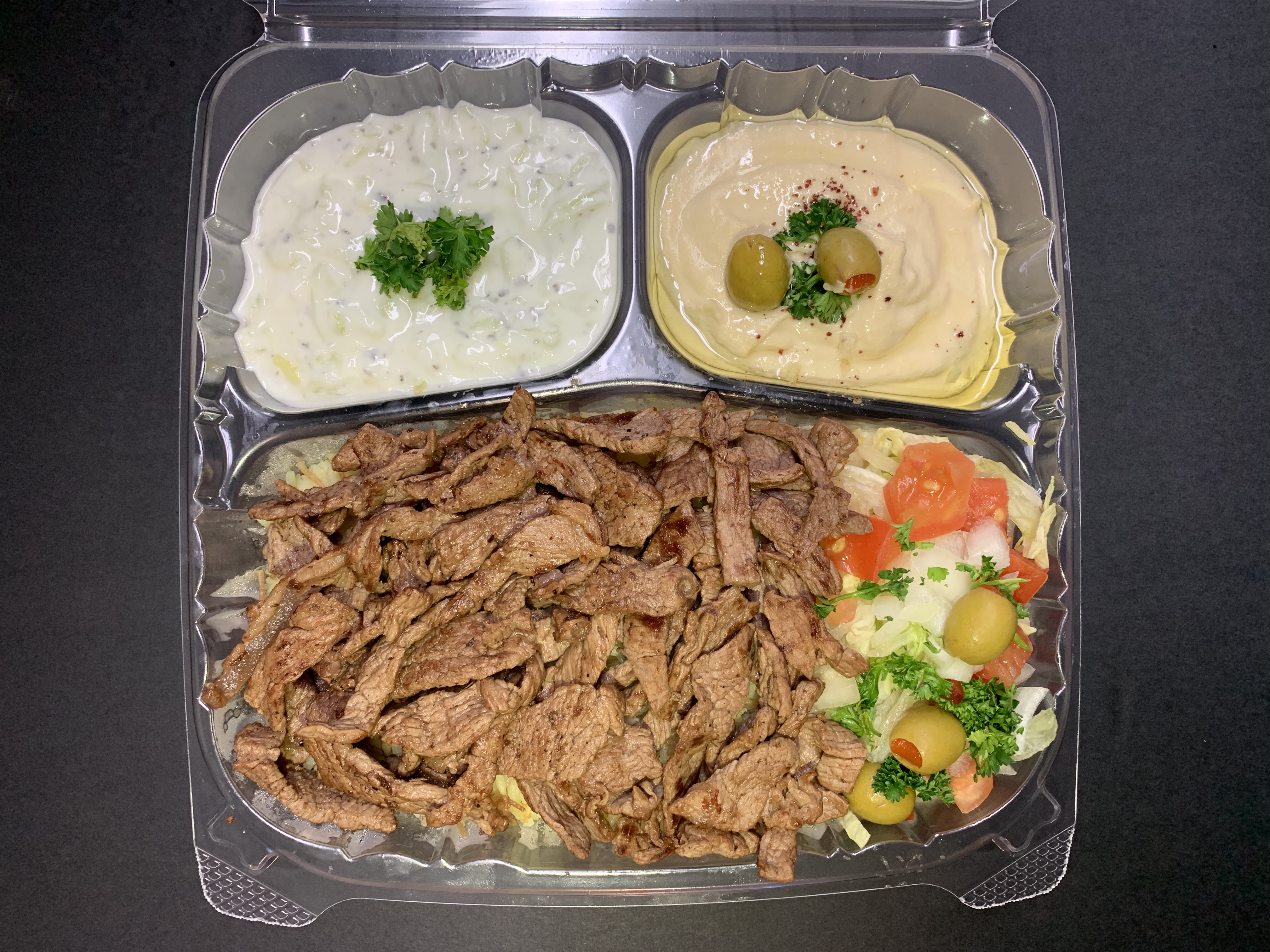 Order Beef Plate With Pita Bread صـحن بـيــف  food online from Abu Omar Gyros & Shawarma store, Portland on bringmethat.com