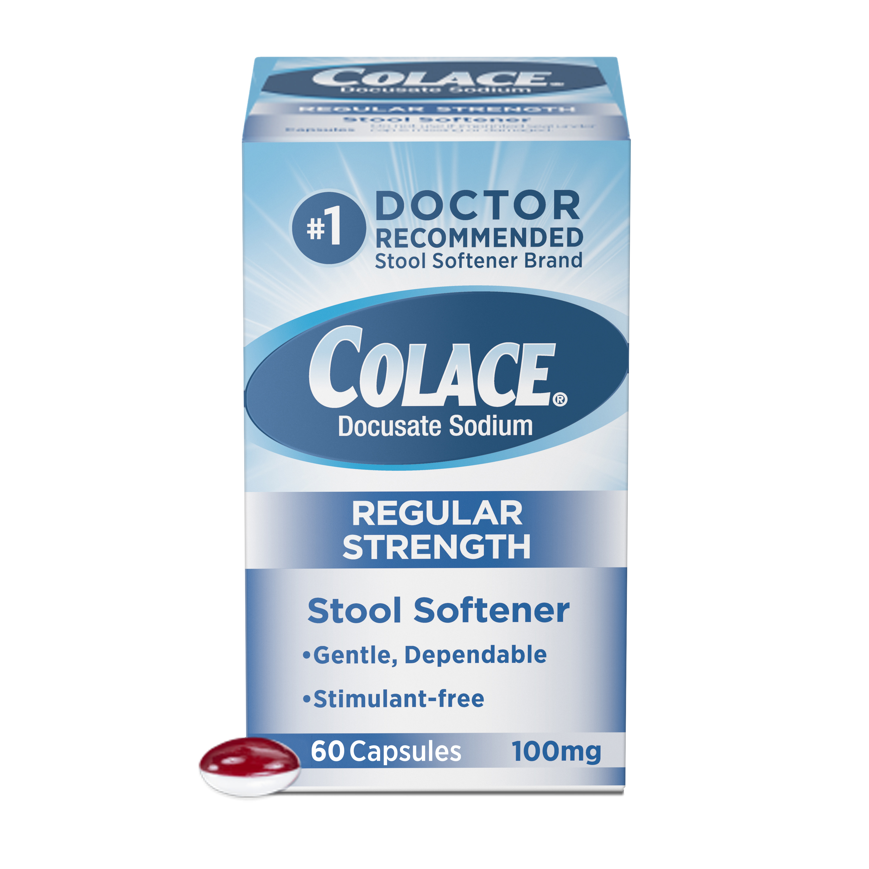 Order Colace Regular Strength Stimulant-Free Stool Softener Capsules - 100mg, 60 ct food online from Rite Aid store, Aston on bringmethat.com