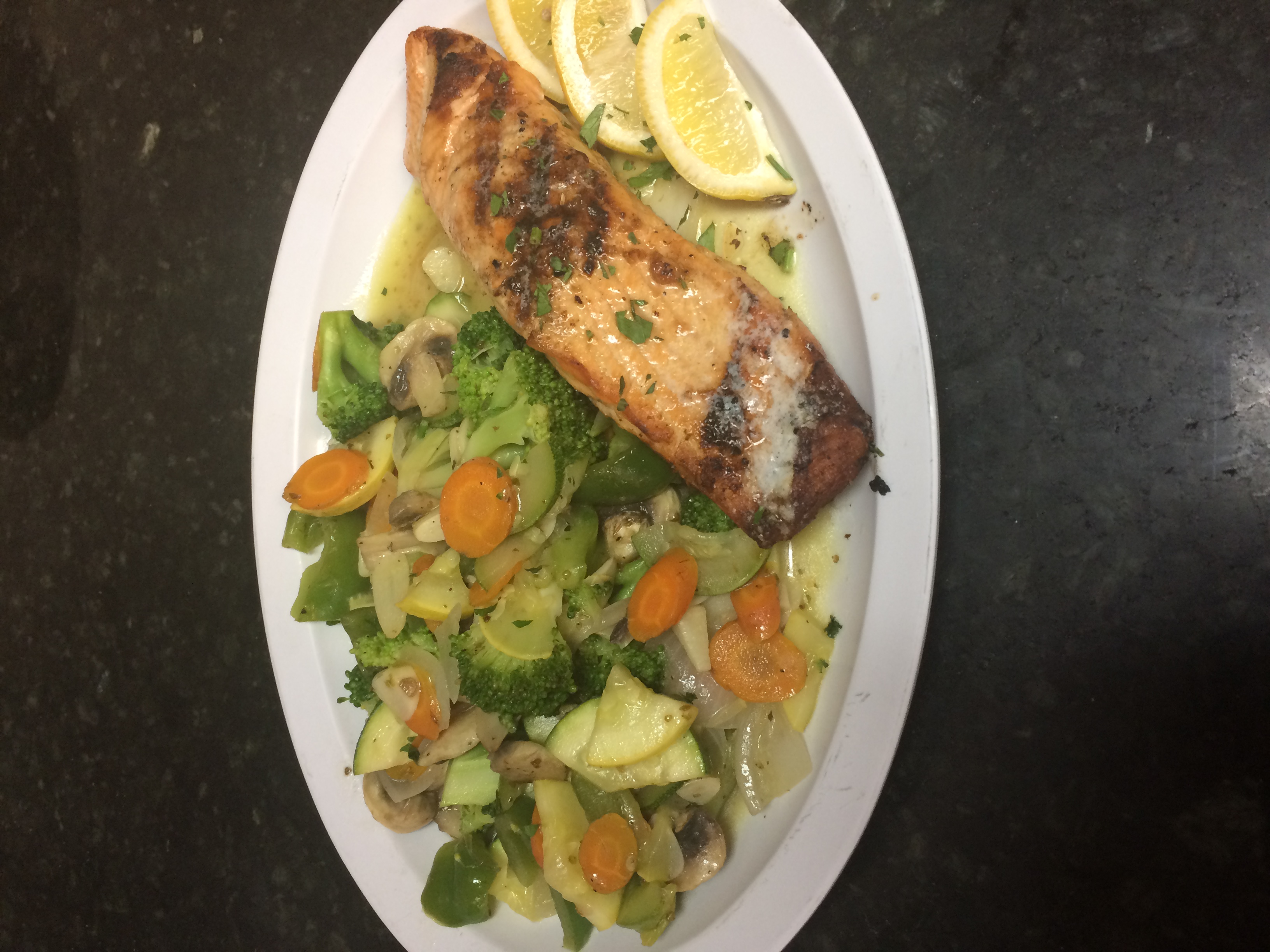 Order Grilled Salmon with Mixed Vegetables food online from Slice Pizza And Pasta store, Yonkers on bringmethat.com