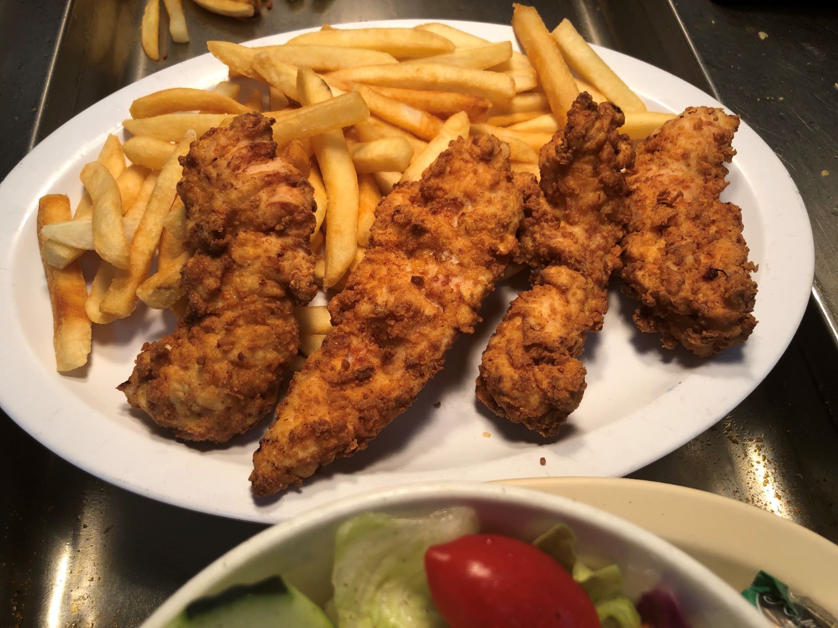 Order 4 Fresh hand dipped Chicken Strips with Fries & Salad food online from Jim's Burgers #2 store, Wilmington on bringmethat.com