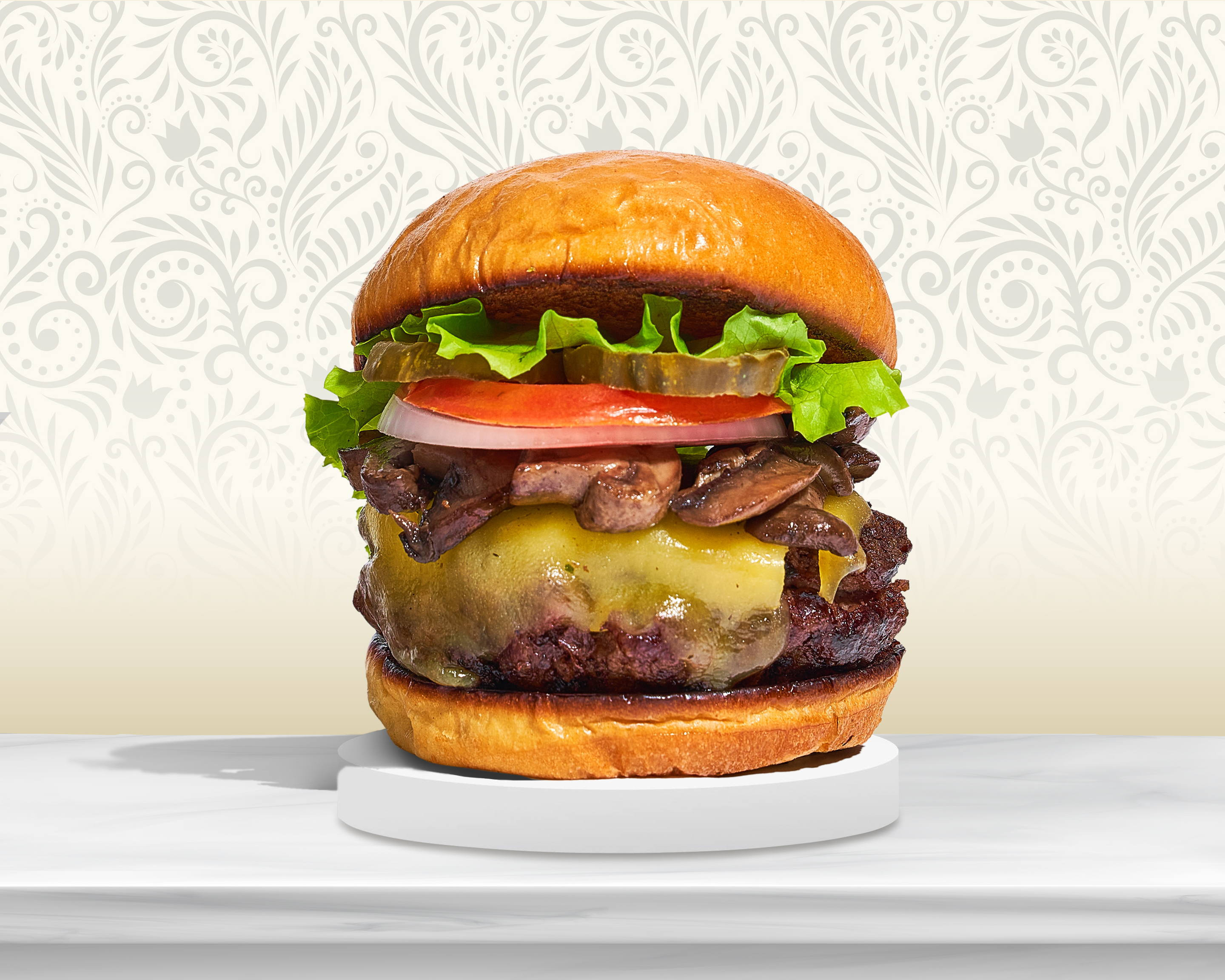 Order Mushroom & Cheese Burger food online from Vegan Cravings store, Long Beach on bringmethat.com