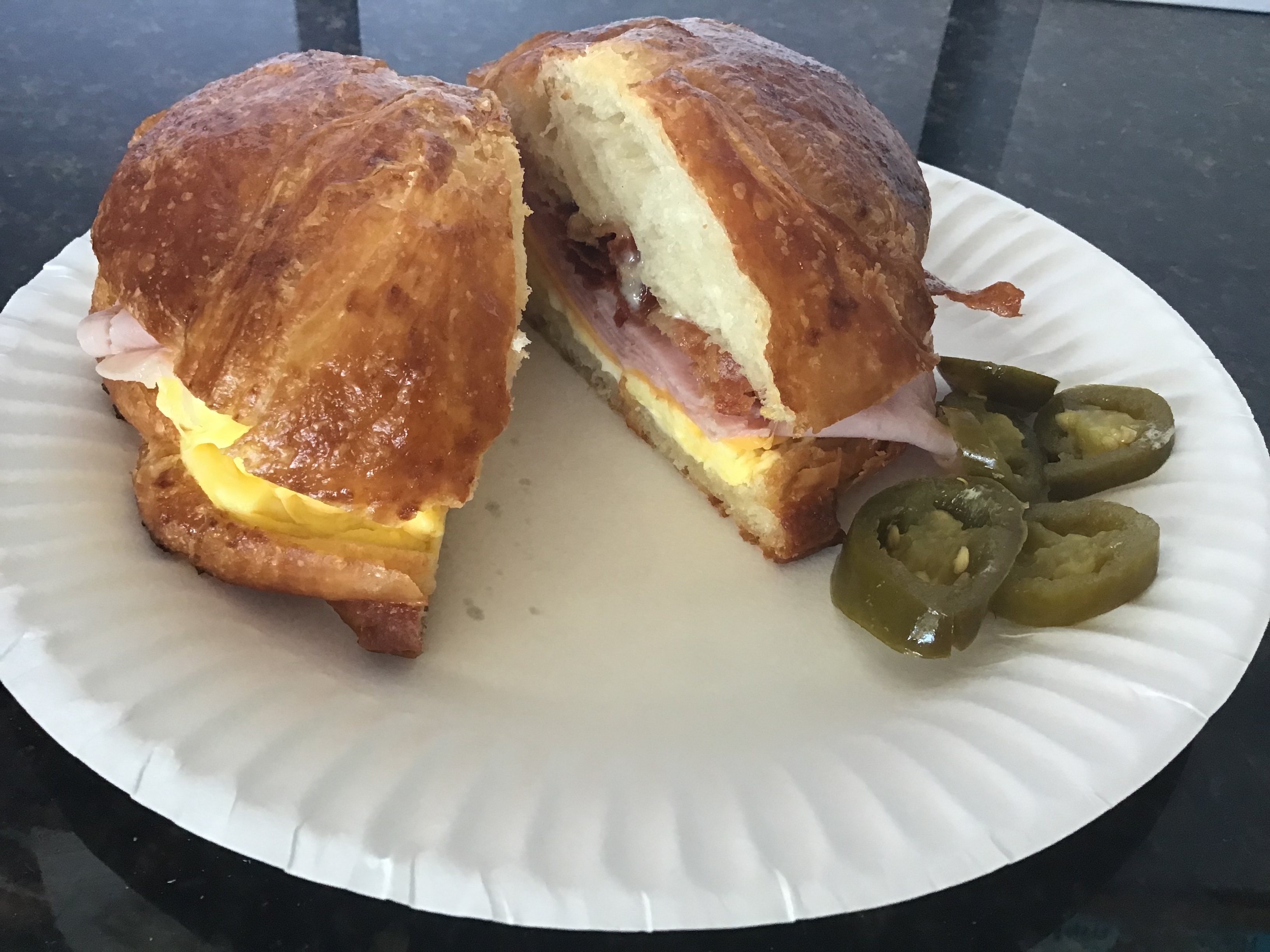 Order #1. Croissant with Ham, Beacon, Egg and Cheese Sandwich food online from Donut Basket store, Modesto on bringmethat.com