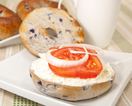Order Onion Bagel with Cream Cheese  food online from The Pancake Snob store, Malvern on bringmethat.com