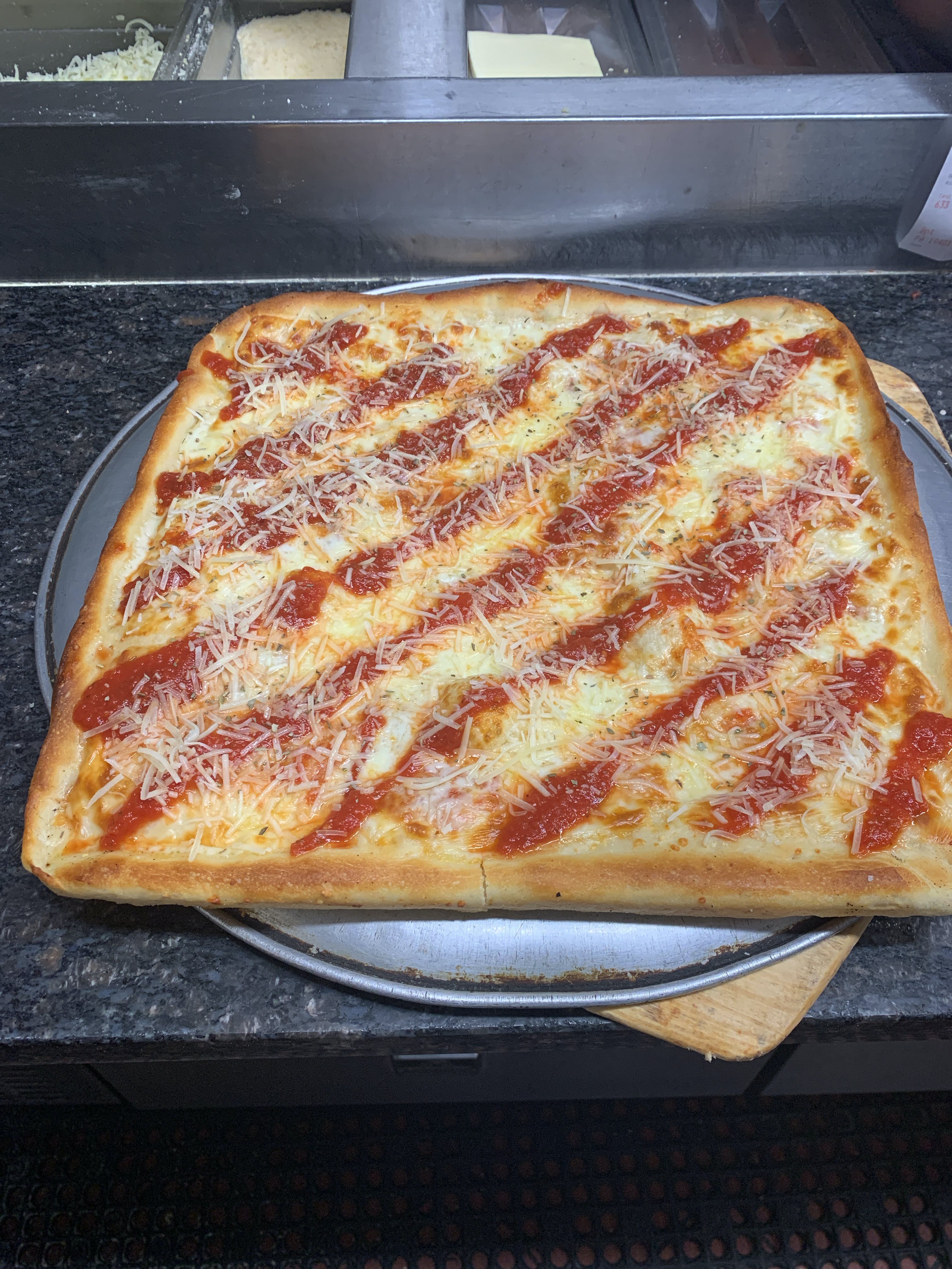 Order Sicilian Plain Cheese Pizza - 16"x16" food online from Dinos Pizza & Pasta store, Bridgeport on bringmethat.com