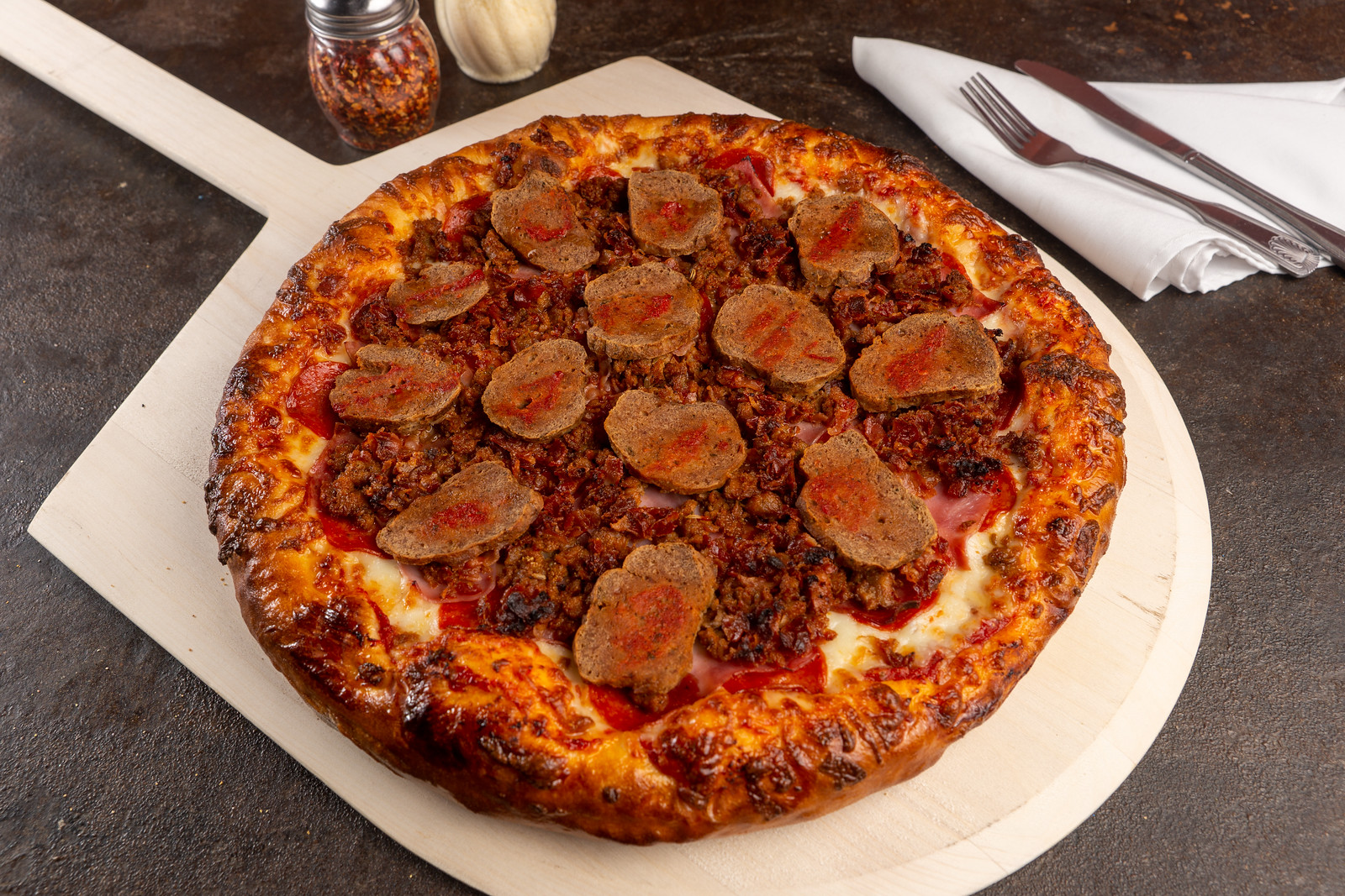 Order Meat, Meat and More Meat Pizza food online from Buono Authentic Pizzeria store, Long Beach on bringmethat.com