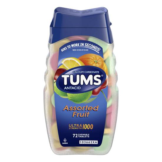 Order TUMS Antacid Chewable Tablets for Heartburn Relief Ultra Strength Assorted Fruit (72 ct) food online from Rite Aid store, Willard on bringmethat.com