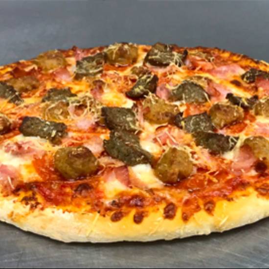 Order 8" Meatlovers Baked Pizza food online from Valentino Gourmet store, Camarillo on bringmethat.com
