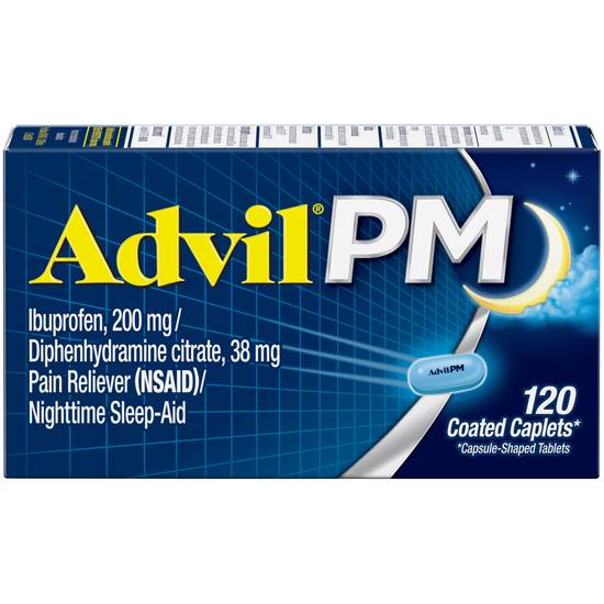 Order Advil PM Coated Caplets Pain Reliever and Nighttime Sleep Aid (120 ct) food online from Rite Aid store, PITTSBURGH on bringmethat.com