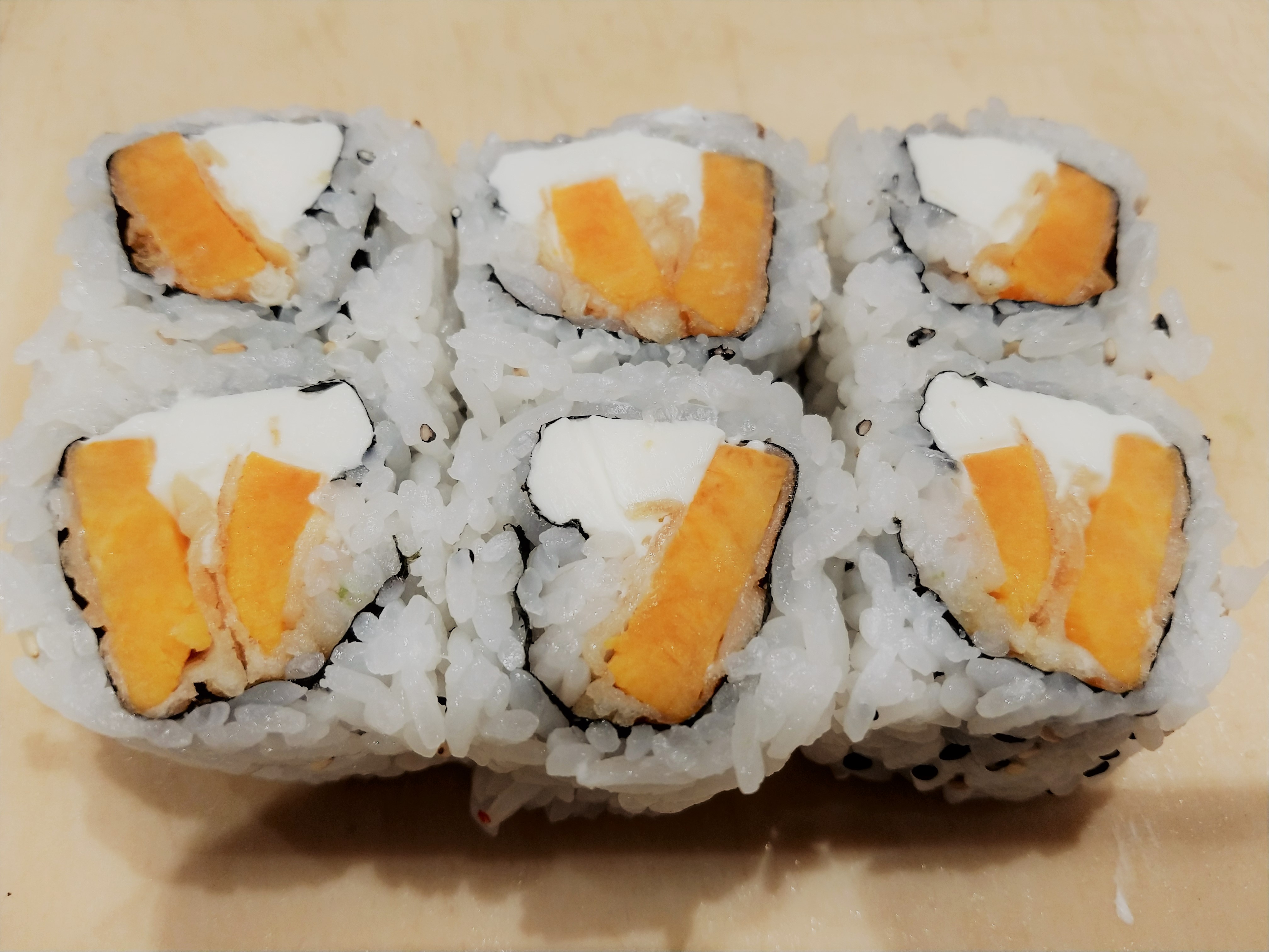 Order Sweet Potato Cream Cheese Roll (6pcs) food online from Rainbow Sushi store, Germantown on bringmethat.com