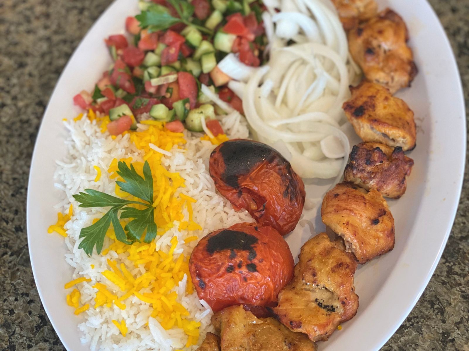 Order Chicken Thigh Kabob food online from Shalom Grill store, Los Angeles on bringmethat.com
