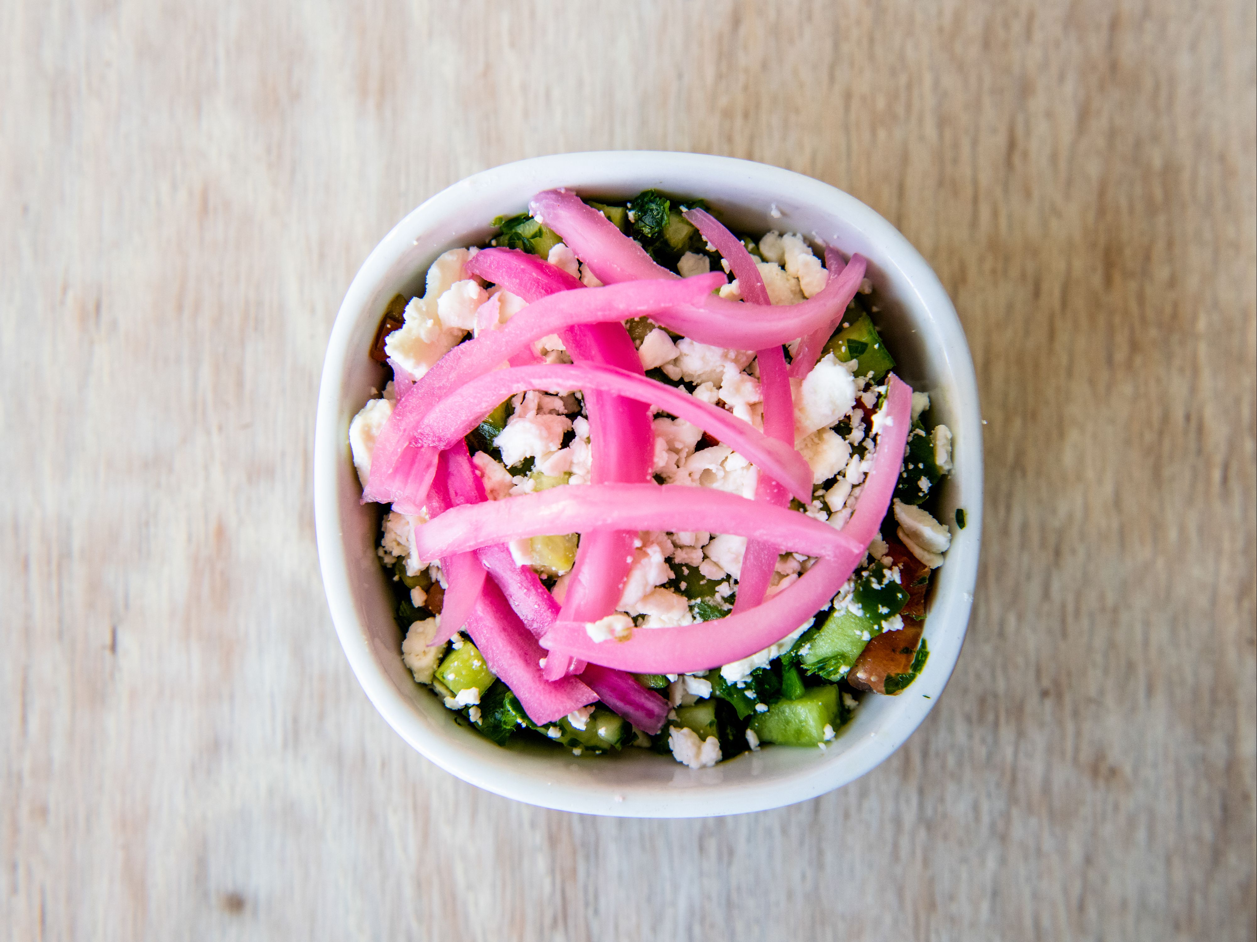 Order Mini Greek Salad - A la Carte food online from Crimson store, Santa Monica on bringmethat.com