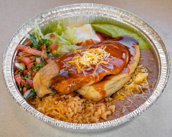 Order 9. Chiles Rellenos Combination Plate food online from Rancherito'S Mexican Food store, Riverton on bringmethat.com