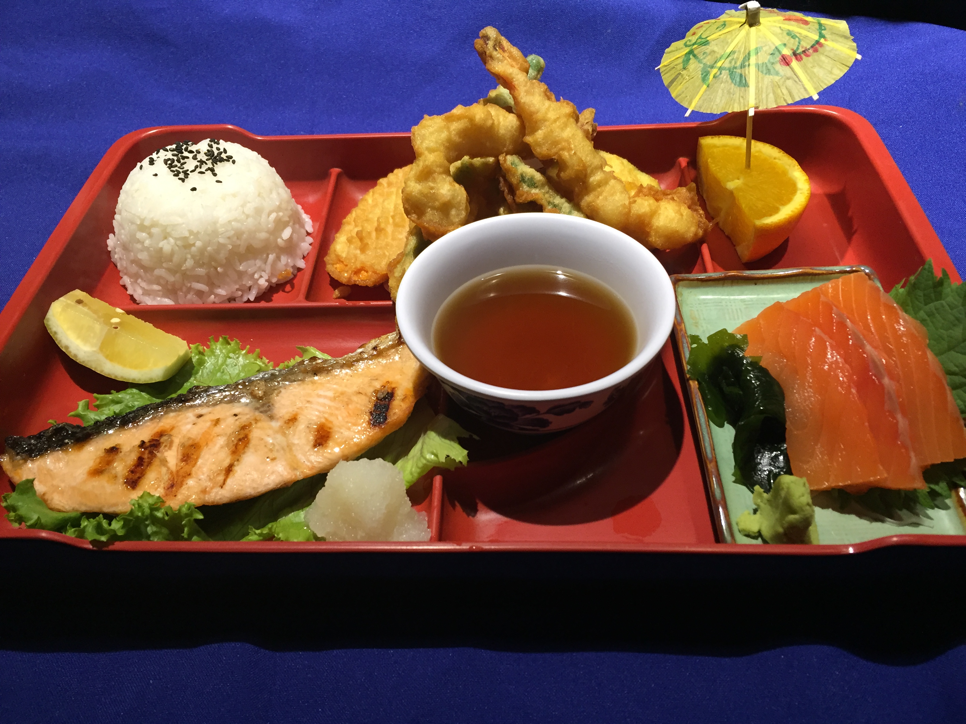 Order 6. Salmon Bento Hyuga Dinner food online from Hyuga Sushi store, San Marcos on bringmethat.com