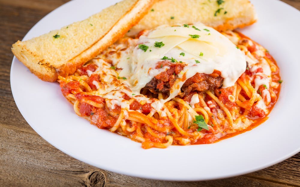 Order Chicken Parmesan - Pasta (Served 1-3 People) food online from Rosati's Pizza store, Genoa on bringmethat.com