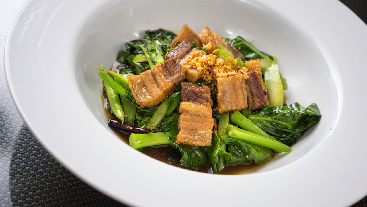 Order 54. Crispy Pork with Chinese Broccoli food online from Baan Thai store, Panorama City on bringmethat.com