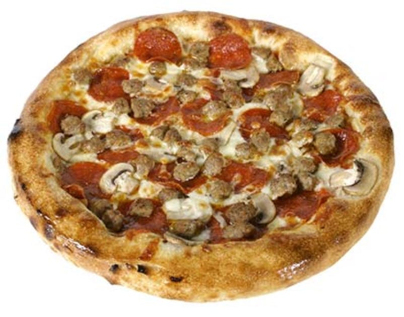 Order Pepperoni, Mushroom & Sausage Pizza - Personal 7'' (4 Slices) food online from Crispy Crust store, Los Angeles on bringmethat.com