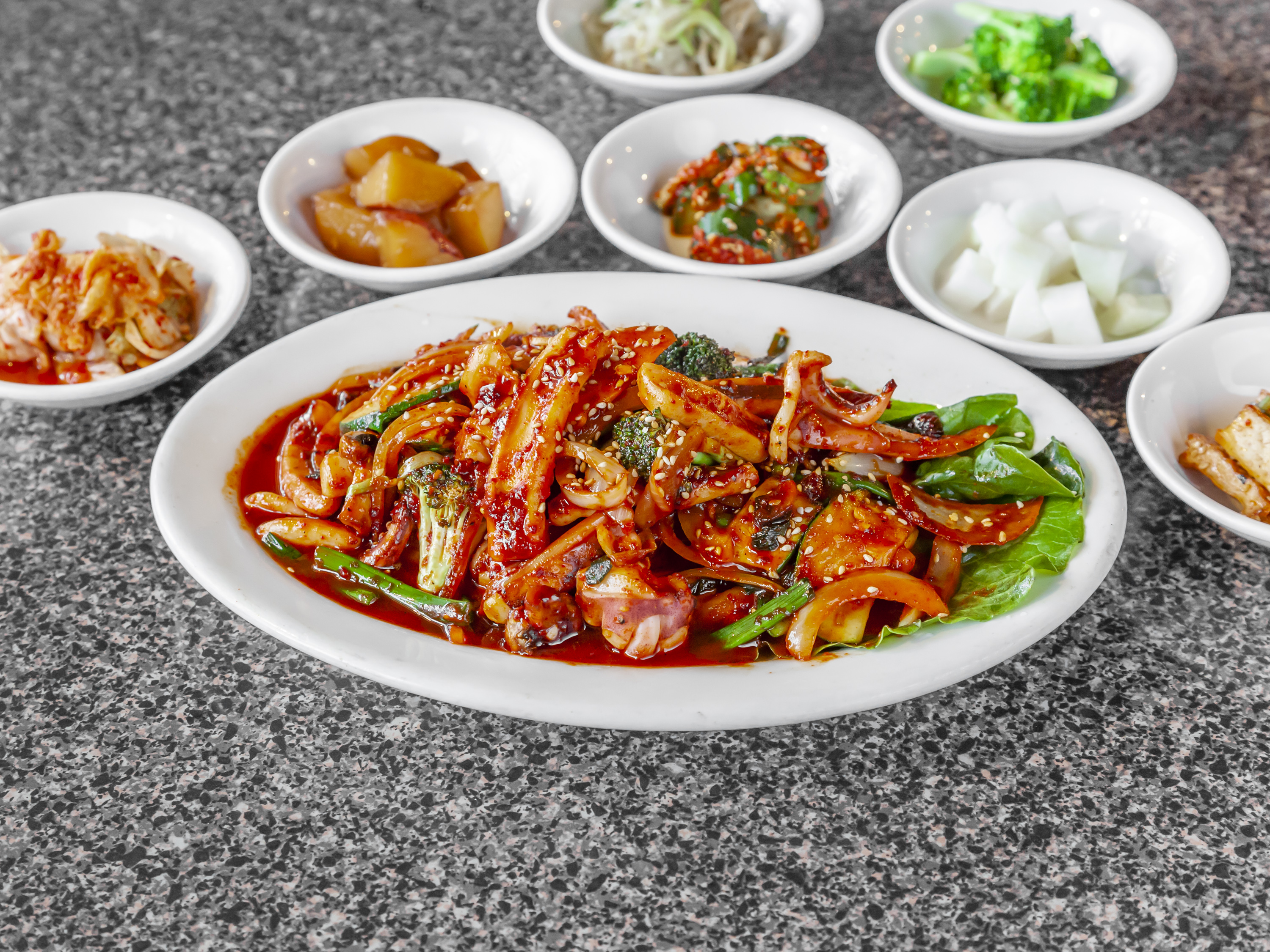 Order Spicy Sauteed Squid food online from Stone Korean Restaurant store, Redmond on bringmethat.com