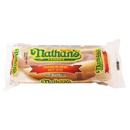 Order Nathan's Famous Frozen Premium Beef Hot Dog in Bun 1ct 3.5oz food online from Everyday Needs by Gopuff store, Roseville on bringmethat.com