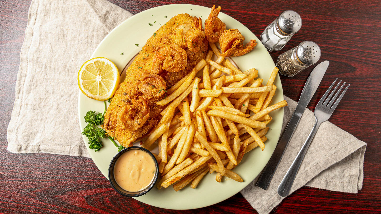 Order Combo Fish and Shrimp with Fries food online from Solid Rock Cafe store, Antioch on bringmethat.com