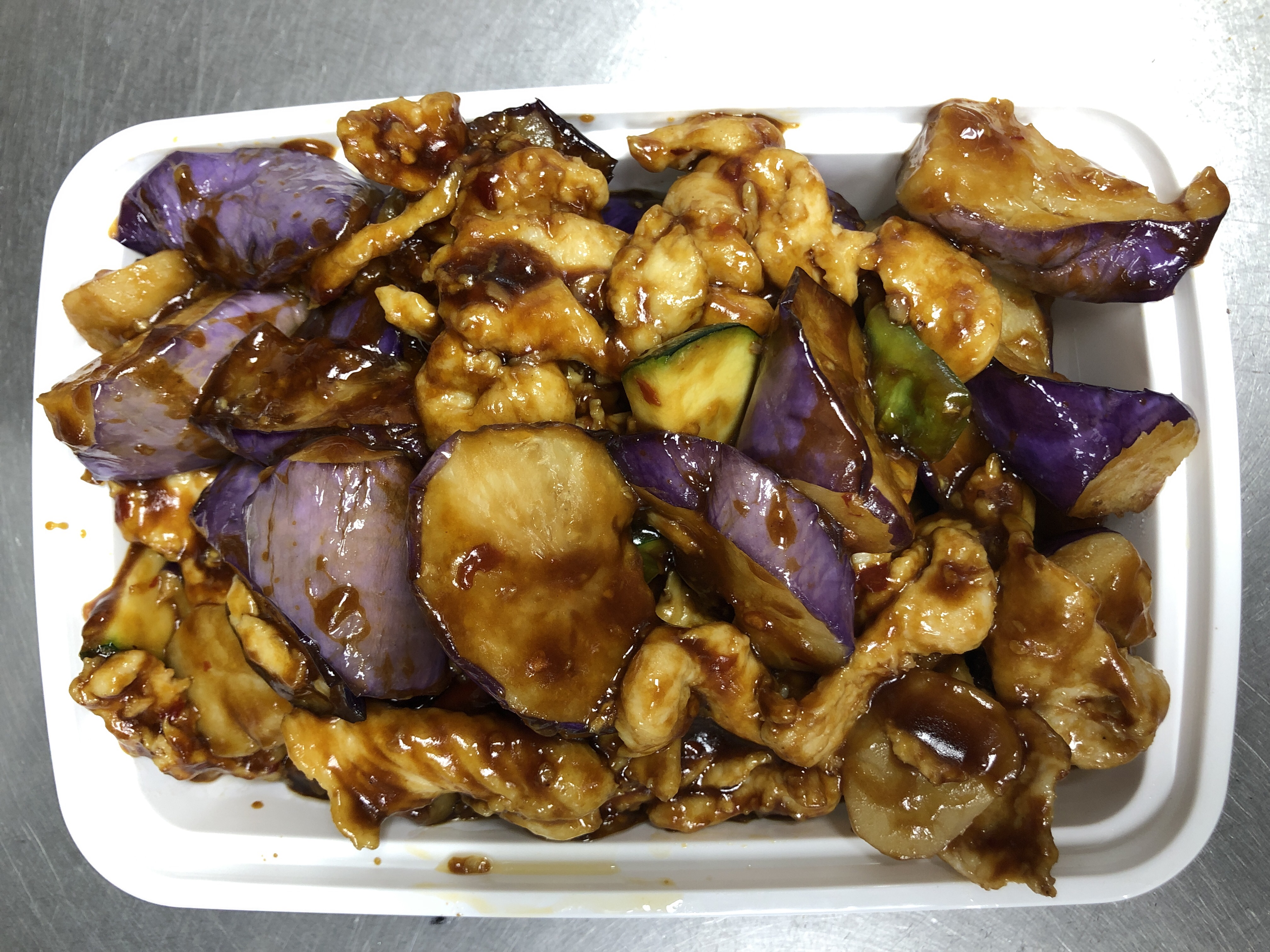 Order 43. Eggplant with Chicken in Garlic Sauce food online from Fortune East store, Garden City Park on bringmethat.com