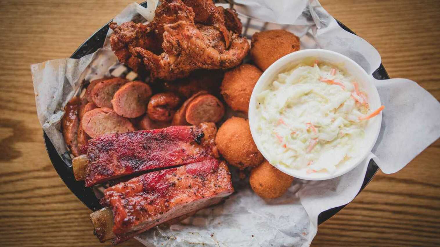 Order 3 Meat Plate food online from R & R Bbq store, Provo on bringmethat.com