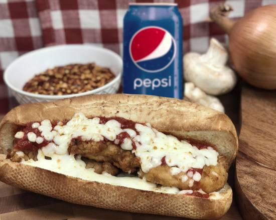 Order Chicken Parmesan Sub and a 12oz Pepsi Product food online from Katsouprinis Pizza Squared store, Washington on bringmethat.com