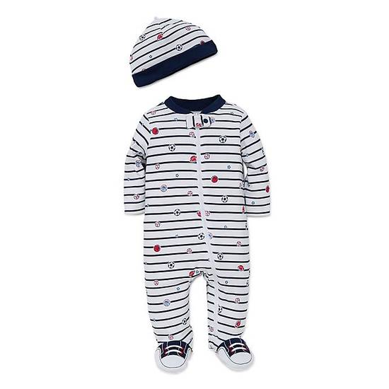 Order Little Me® Size 6M 2-Piece Striped Sports Star Footie and Hat Set in White food online from Bed Bath & Beyond store, Lancaster on bringmethat.com