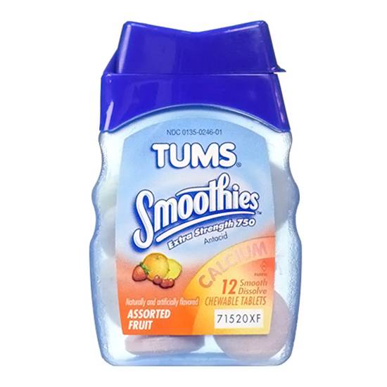 Order TUMS Smoothies Assorted Fruit Extra StrengthAntacid Chewable Tablets for Heartburn Relief, 12 Tablets food online from Exxon Food Mart store, Port Huron on bringmethat.com