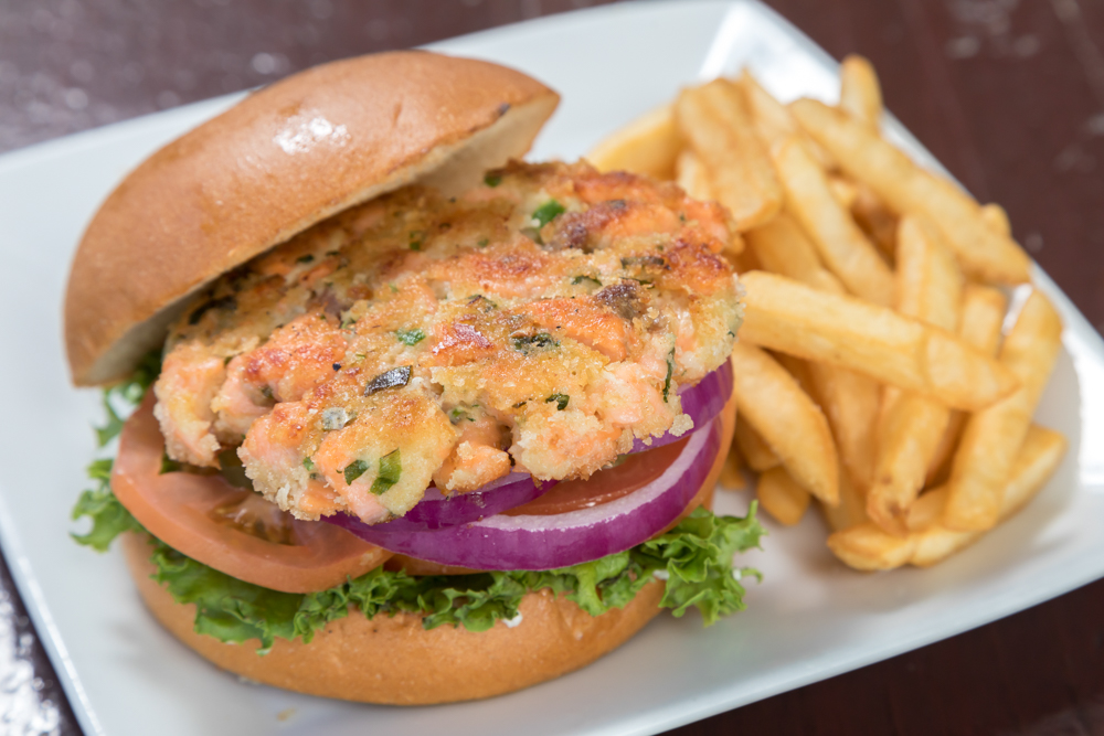 Order Spicy Salmon Burger  food online from Captain Kidd Fish Market & Restaurant store, Redondo Beach on bringmethat.com