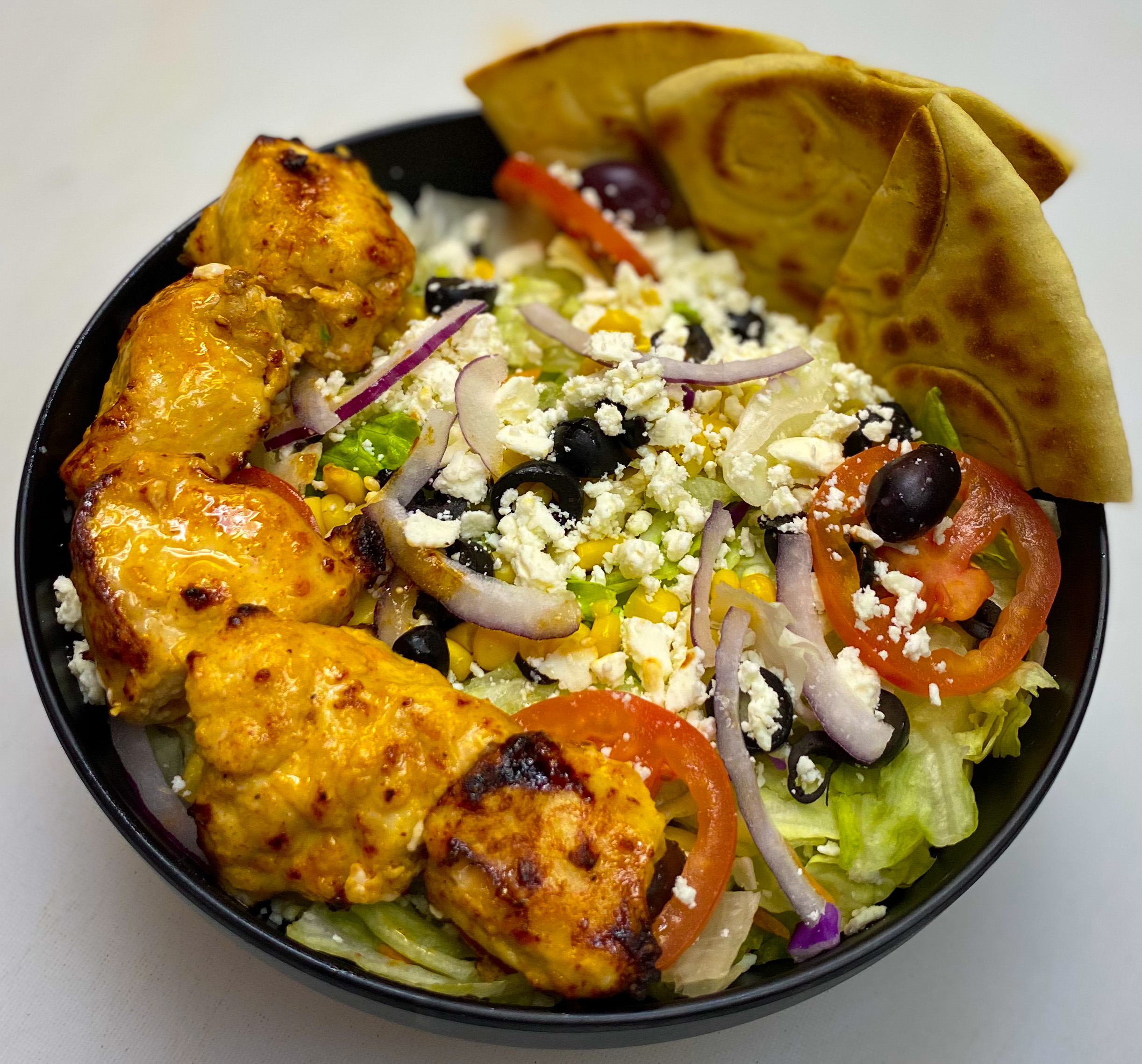 Order Chicken breast Shish Kabob with large greek Salad food online from Kabob Cafe store, Foothill Ranch on bringmethat.com