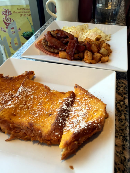 Order Brioche Bread French Toast with Meat and 2 Eggs food online from Cafe via espresso store, Astoria on bringmethat.com