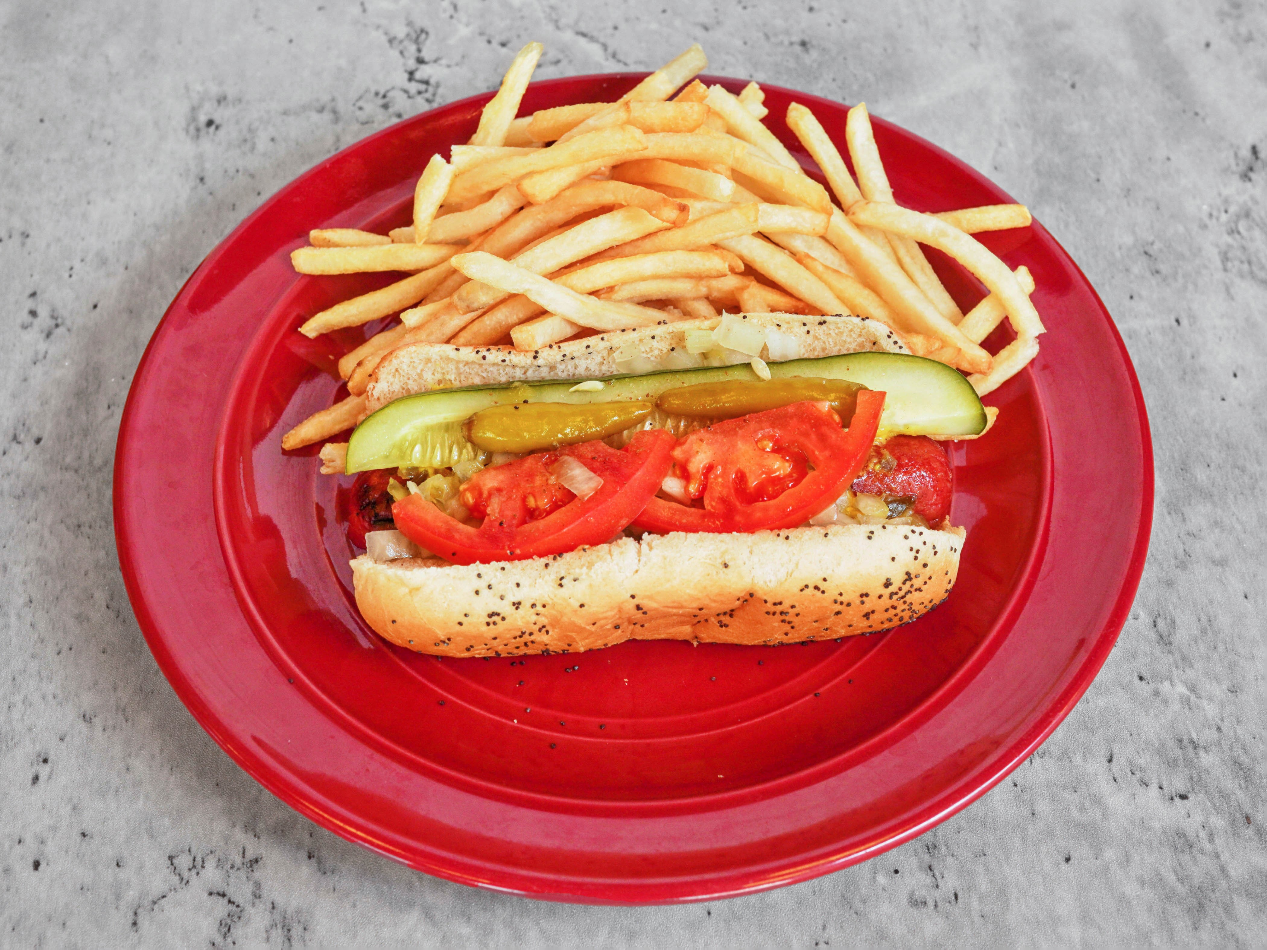 Order Jumbo Red Hot Dog with Fries food online from Old Chicago Red Hots store, Gurnee on bringmethat.com