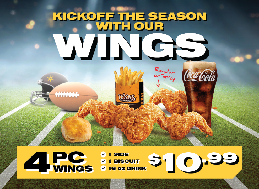 Order 4 PCS Wings w/ Side & Beverage food online from Texas Chicken & Burgers store, Centereach on bringmethat.com