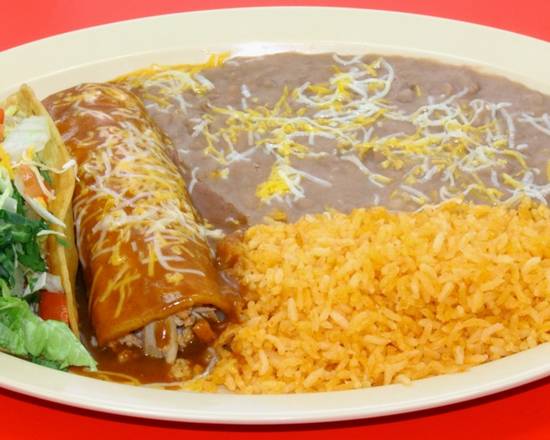 Order One Machaca Enchilada and One Taco Plate food online from Chile Verde store, Hawthorne on bringmethat.com