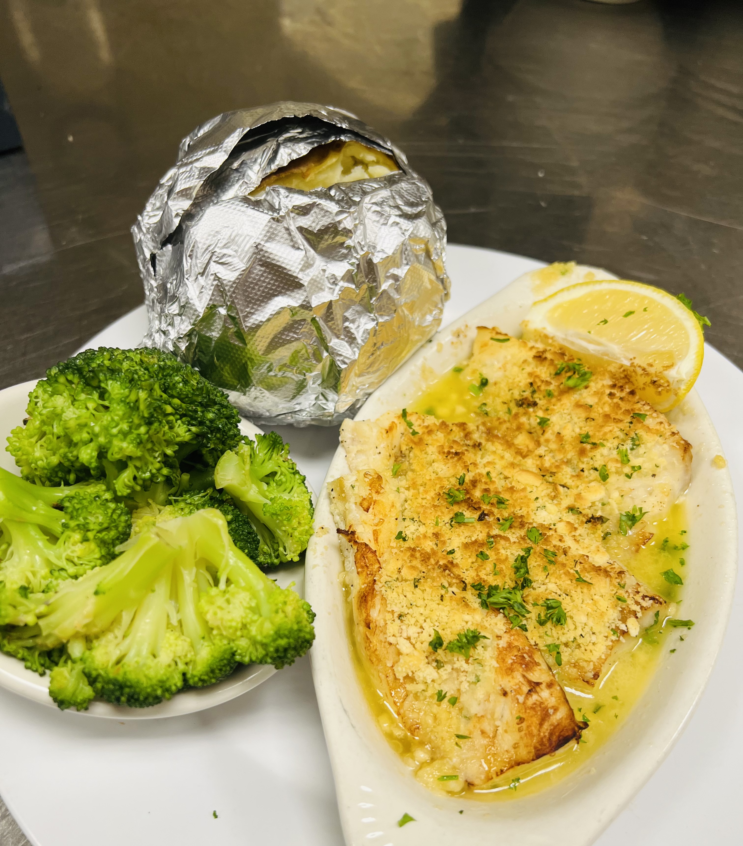 Order New England Baked Scrod Dinner food online from The Mystic Diner & Restaurant store, Stonington on bringmethat.com