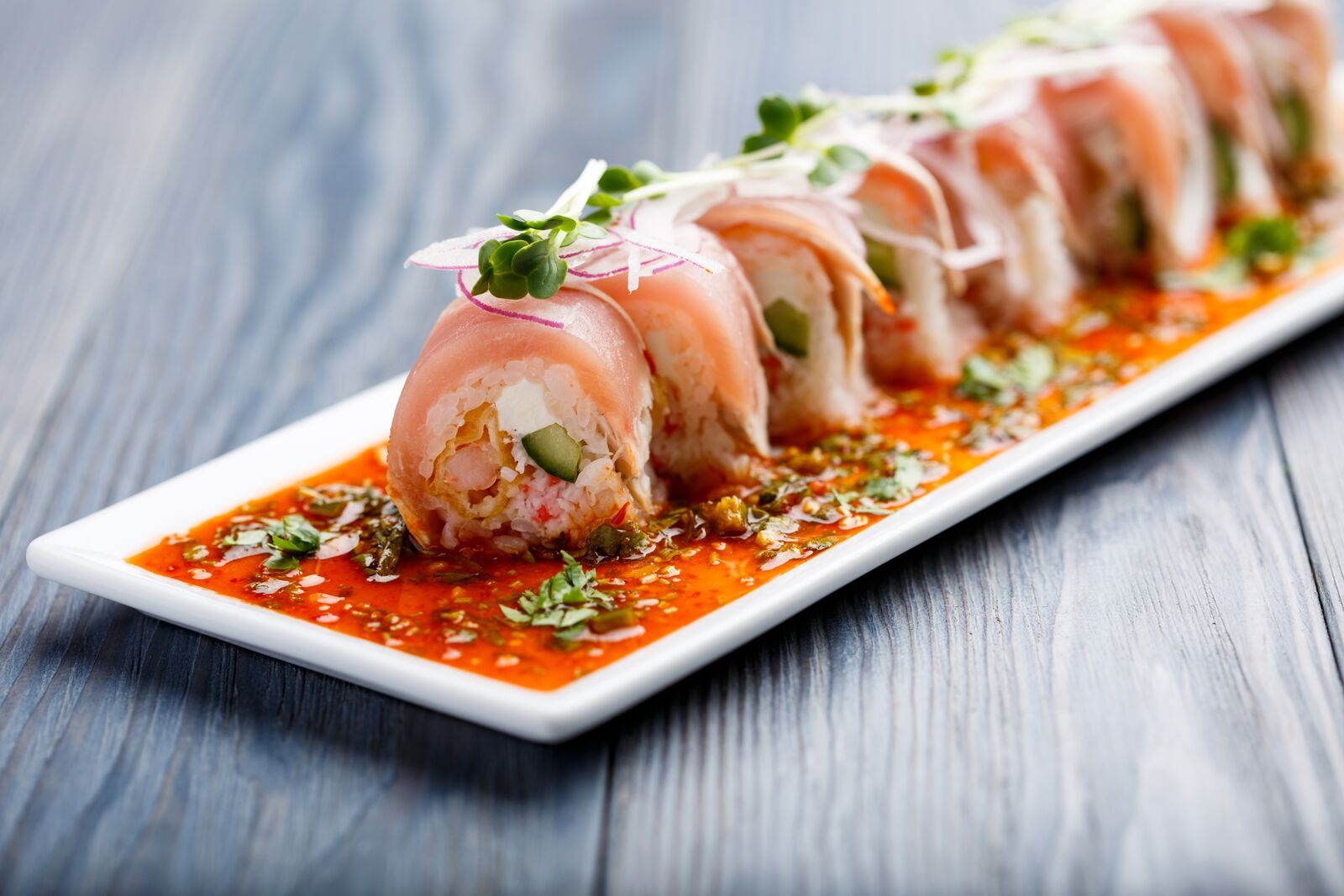 Order Cilantro Albacore Roll food online from Kabuki Japanese Restaurant store, Las Vegas on bringmethat.com