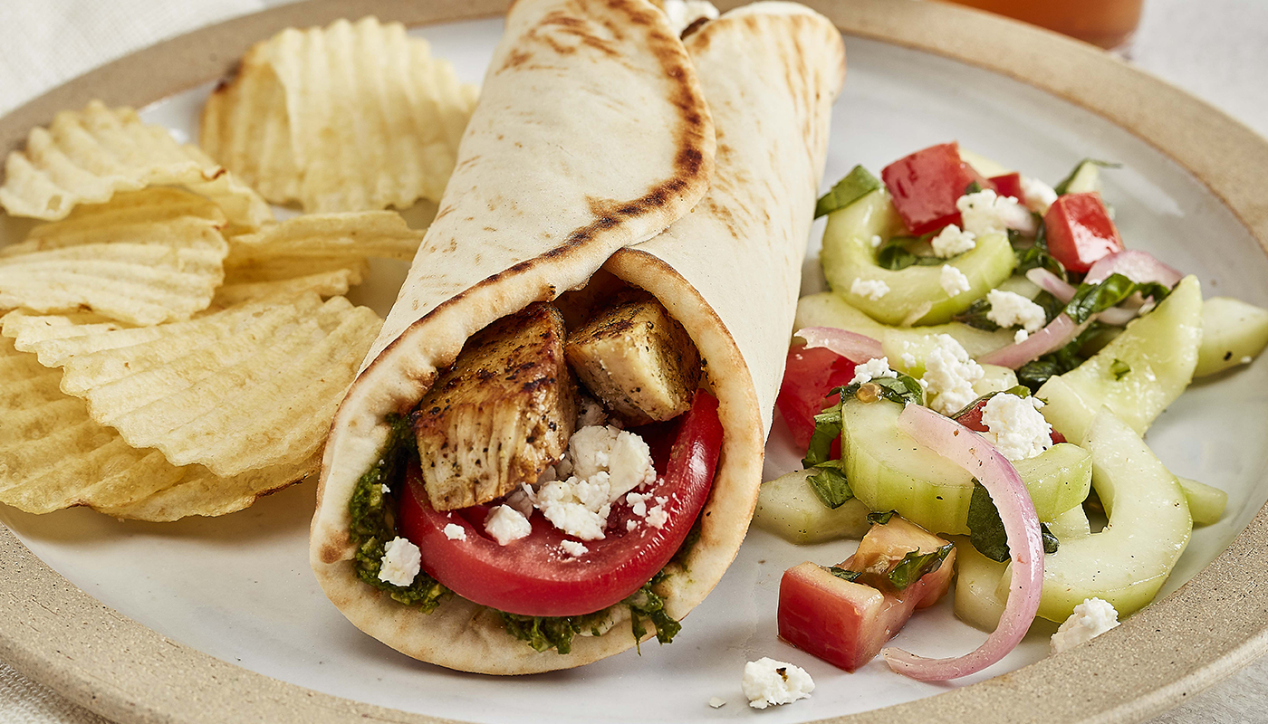 Order Grilled Chicken Basil-Pesto Gyro food online from Taziki Mediterranean Café store, Knoxville on bringmethat.com