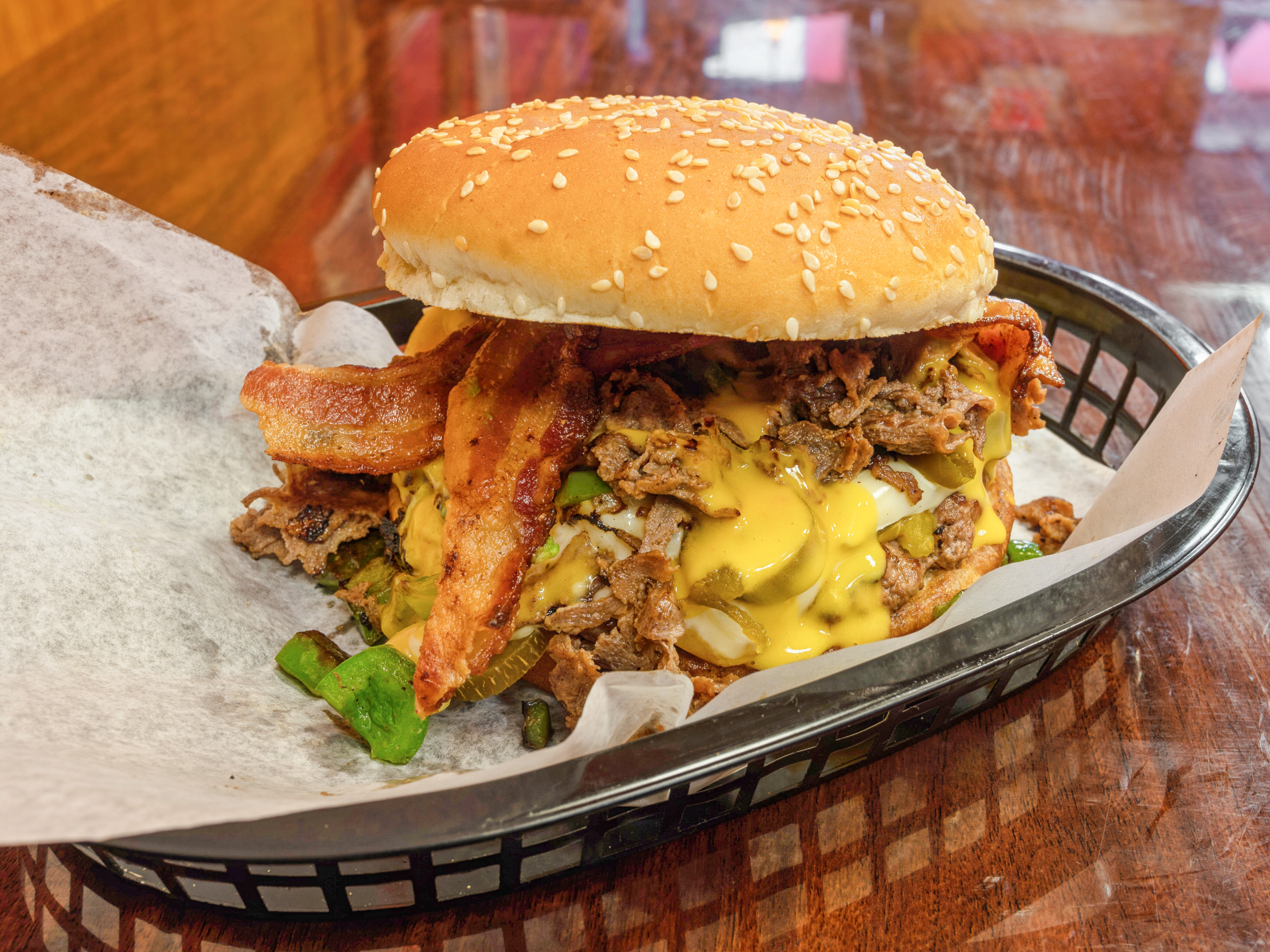 Order Triple Bacon Cheese Smashmouth Burger food online from Shmashmouth Burgers store, New Haven on bringmethat.com
