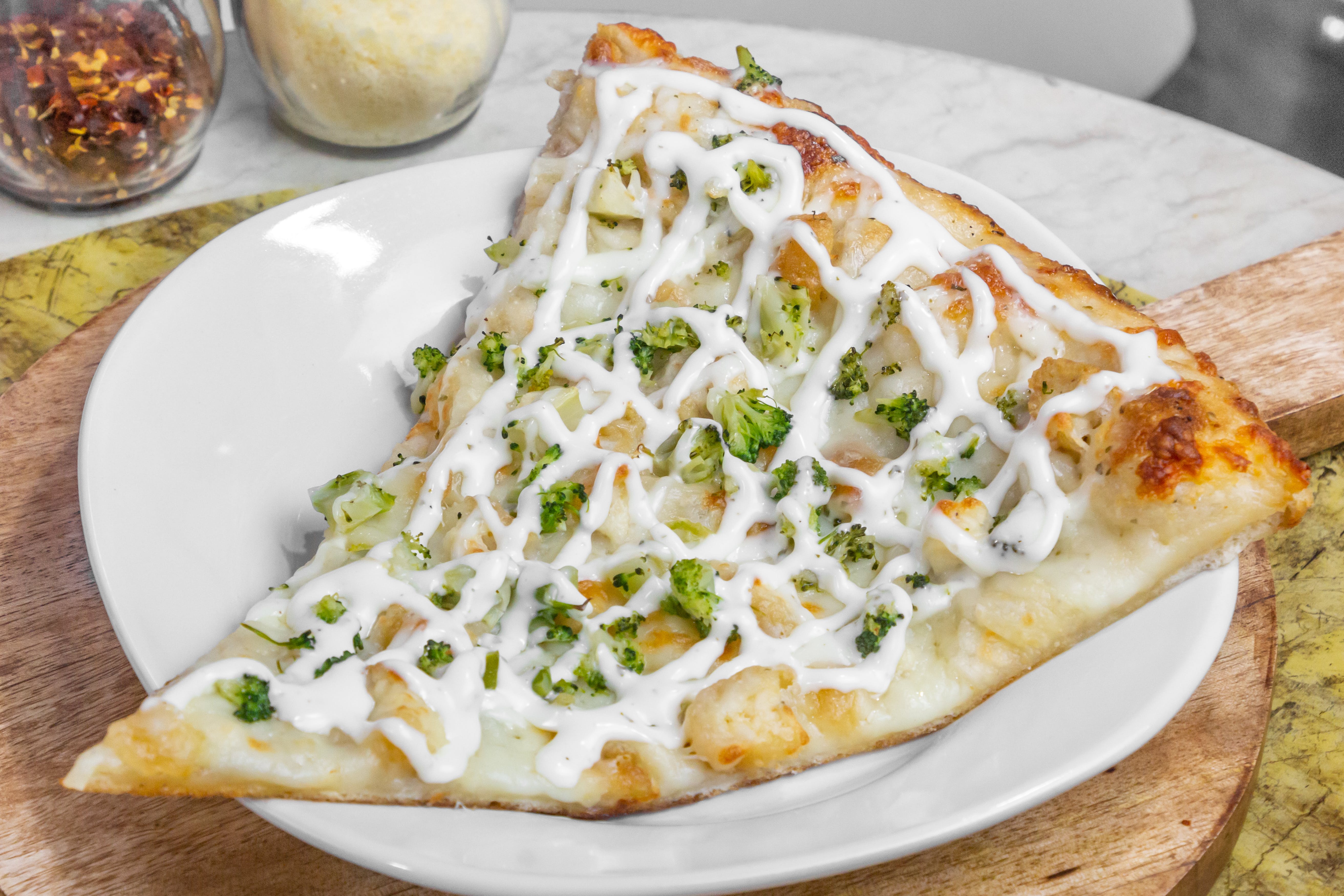Order White Broccoli Pizza - Medium 14'' (6 Slices) food online from Cafe Lark store, Albany on bringmethat.com