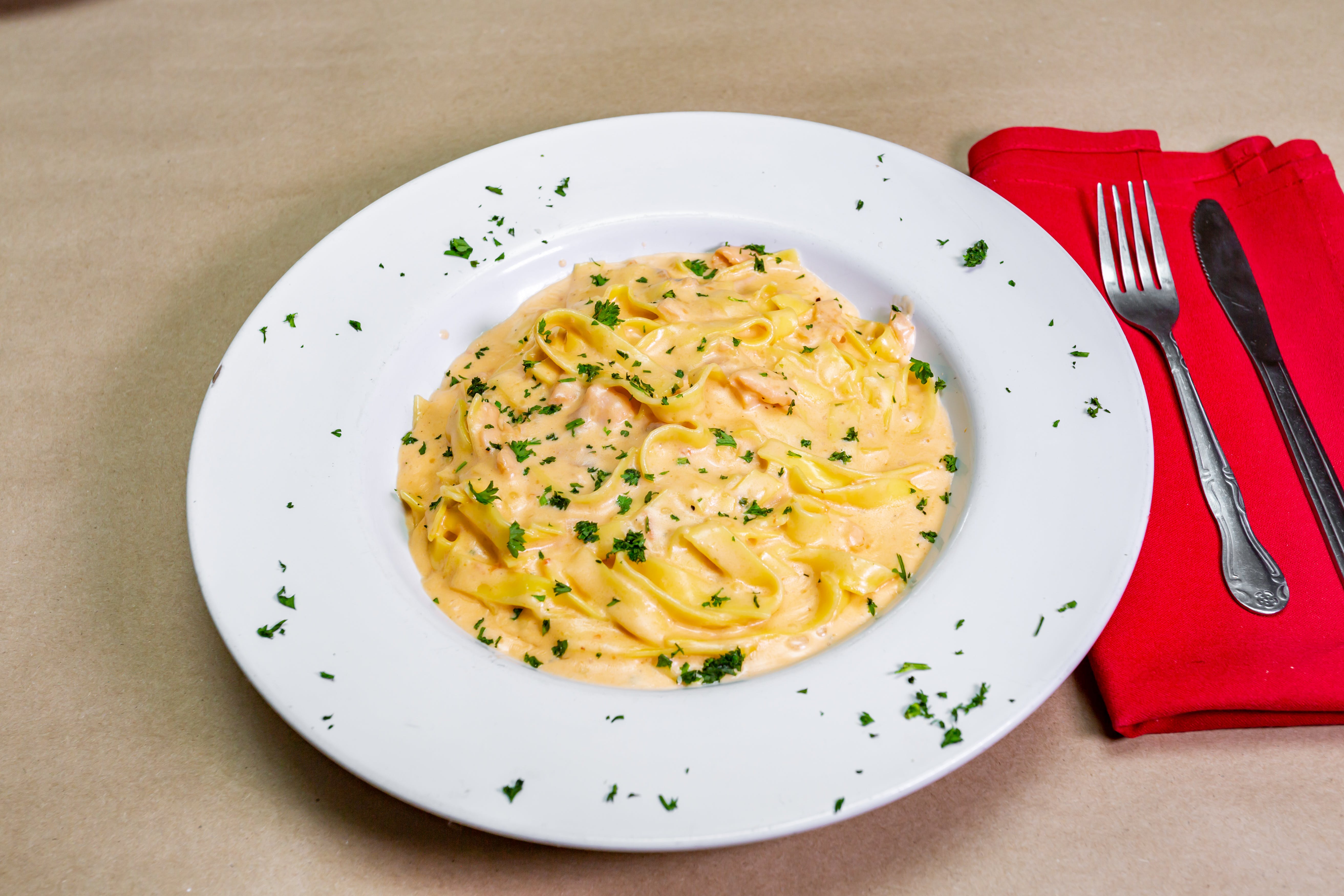 Order Fettuccine with Salmon - Entree food online from Lorenzo Pizza Kitchen store, Lehighton on bringmethat.com