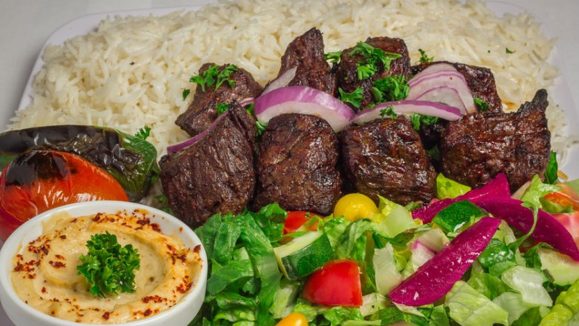 Order 10. Beef Shish Kabob Plate food online from Seasoning Alley store, Montrose on bringmethat.com