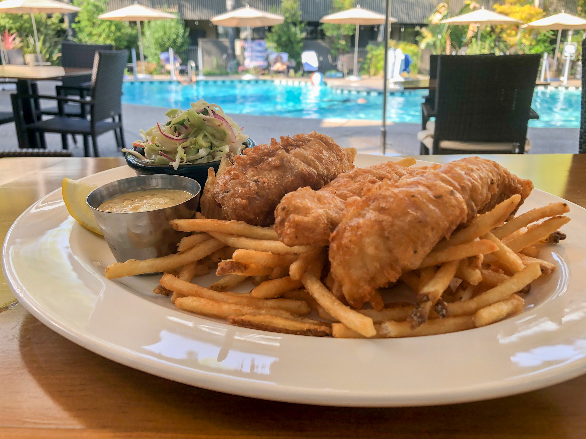 Order Fish N' Chips food online from Dinah Poolside Restaurant store, Palo Alto on bringmethat.com
