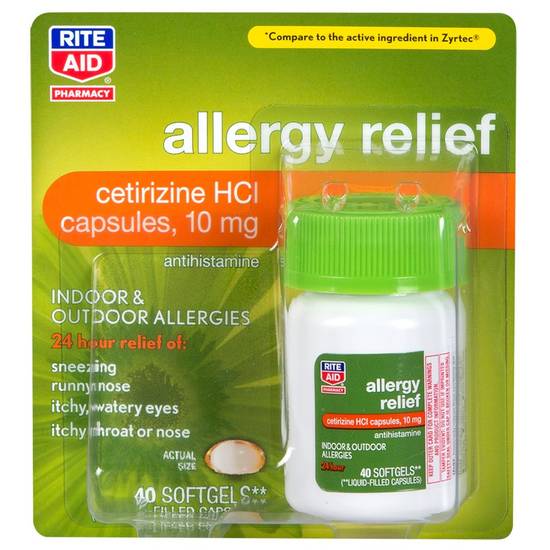 Order Rite Aid Allergy Relief SoftGels Cetirizine HCI 10mg (40 ct) food online from Rite Aid store, HERMITAGE on bringmethat.com