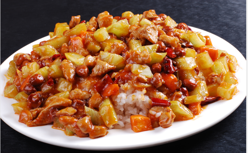 Order K7. KungPao Chicken Over Rice 宮保雞飯 food online from Hing Lung Cafe store, South San Francisco on bringmethat.com