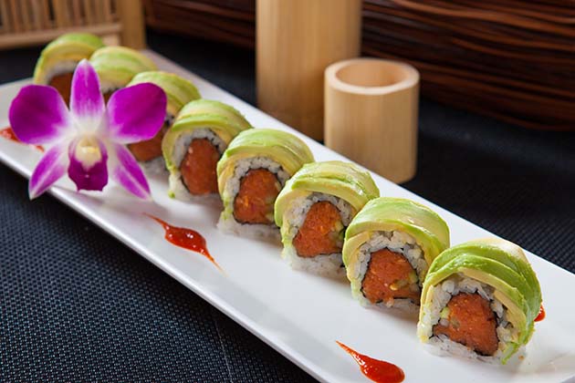 Order F-8. Spicy Caterpillar Roll food online from Crazy Rock'n Sushi store, Irvine on bringmethat.com