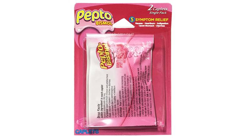 Order Pepto Bismol 5 Symptom Chewable Blister single Pack 2 caplets food online from Route 7 Food Mart store, Norwalk on bringmethat.com
