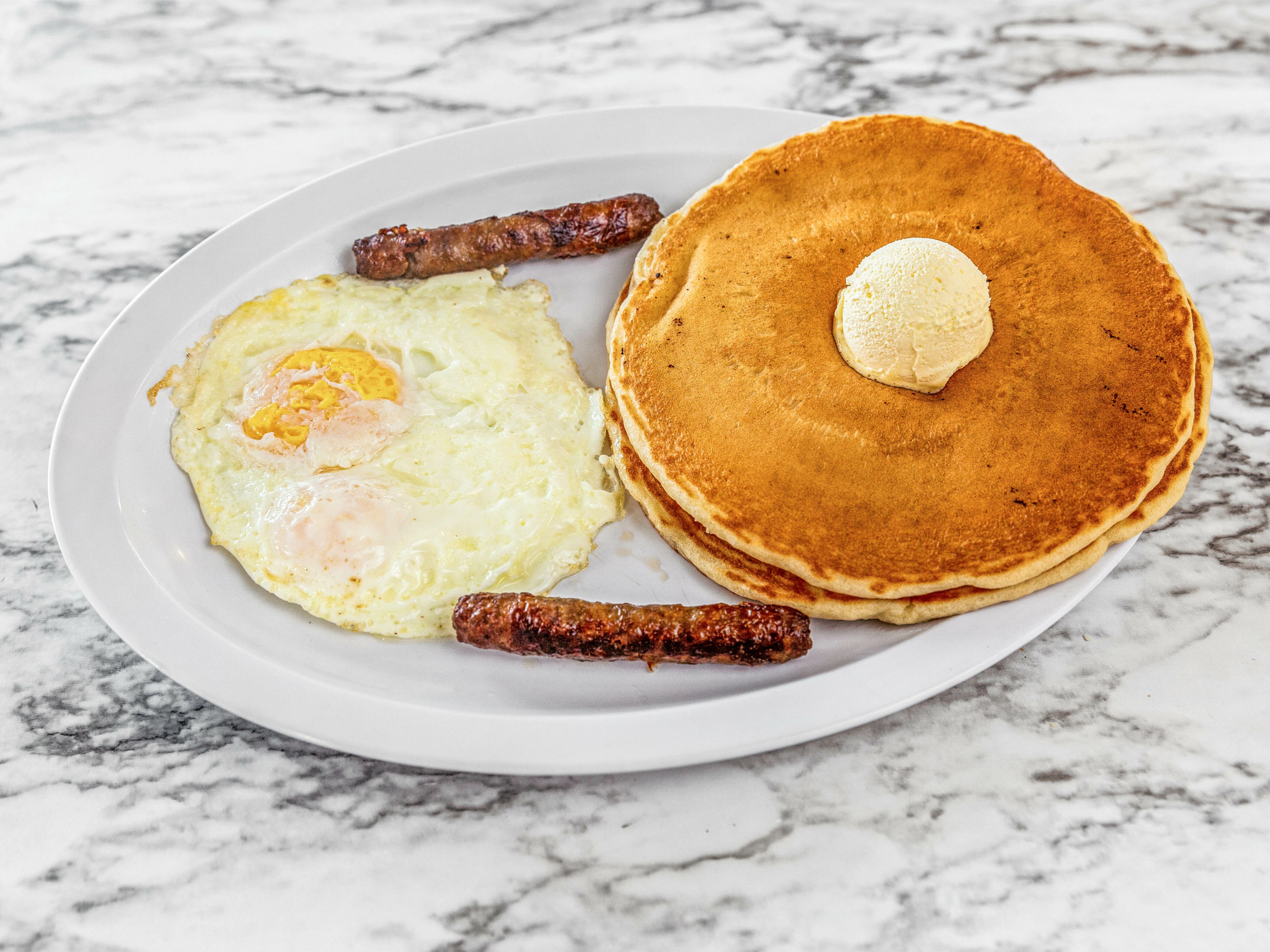 Order Pancake, Sausage and Eggs Plate food online from Jim Burgers store, Norwalk on bringmethat.com