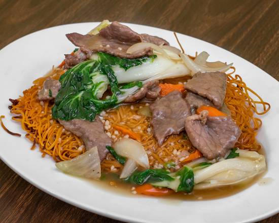 Order Pan-Fried Crispy Noodle with Beef (牛肉煎面) food online from Chens Garden store, Berkeley on bringmethat.com