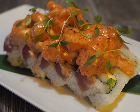 Order Flamed Tuna Rock Roll food online from Kumori Sushi & Teppanyaki store, Mcallen on bringmethat.com